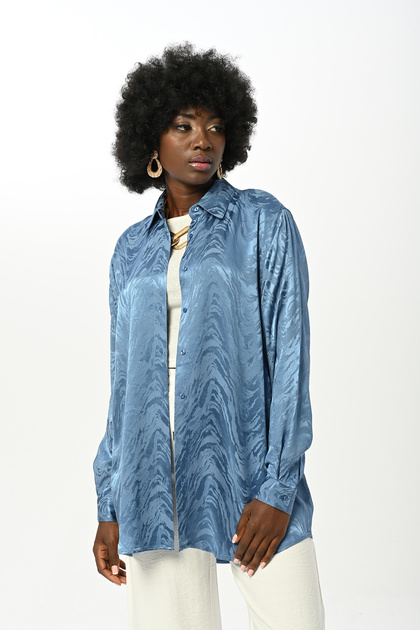 Women's Blue Color Patterned Jacquard Oversize Hijab Shirt