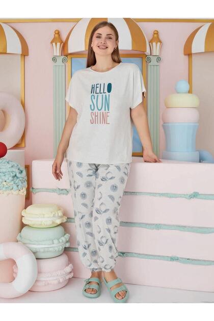 15674 Beige Melange Lemon Patterned Plus Size Oversized Elasticated Leg Pajama Set