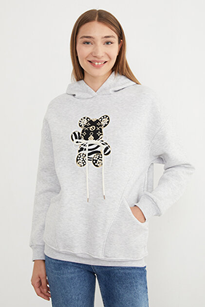 3 Thread Teddy Bear Embroidered Pocket Hooded Oversize Sweatshirt
