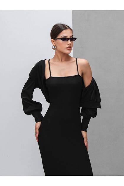 Women's Bolero Jacket Slit Detailed Strap Long Dress