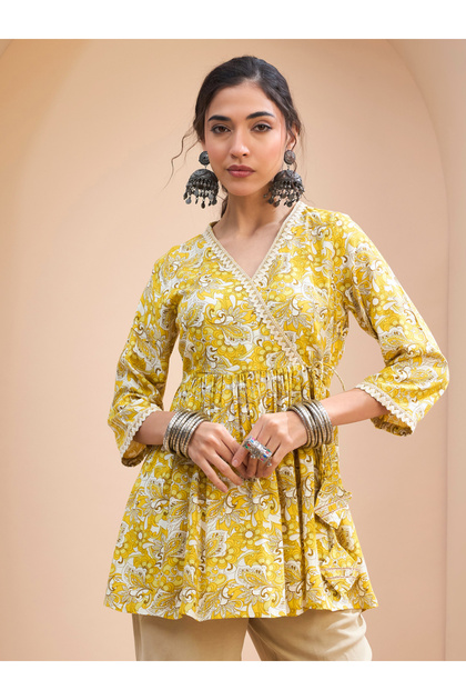 Yellow Floral Wrap Neck Peplum Kurti