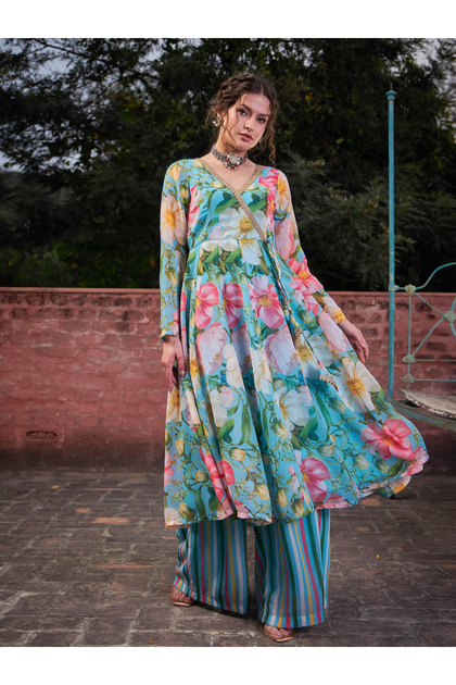 Aqua Blue Floral Wrap Anarkali Kurta with Stripes Palazzo Set