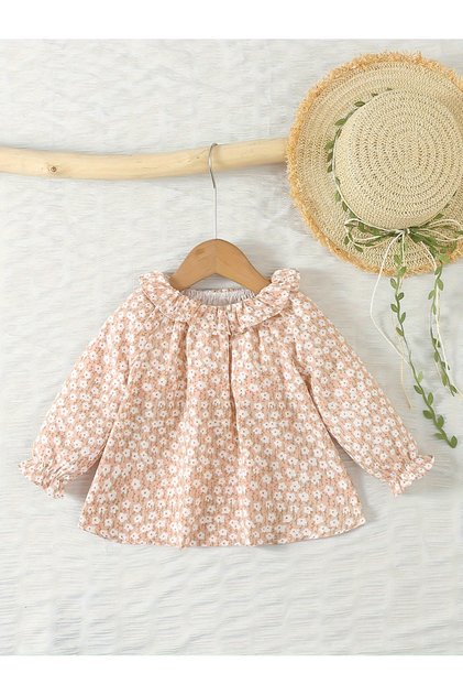 Girls Floral Print Cotton Top with Ruffle Collar