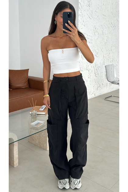 Black Zipper Detailed Cargo Pants - 1673