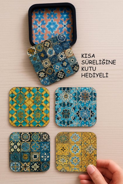 Wooden Coasters, Set of 6 Coasters with Tile Pattern Box Gift