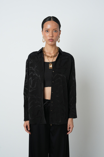 Women's V-Neck Detailed Black Patterned Gold Buttoned Shirt