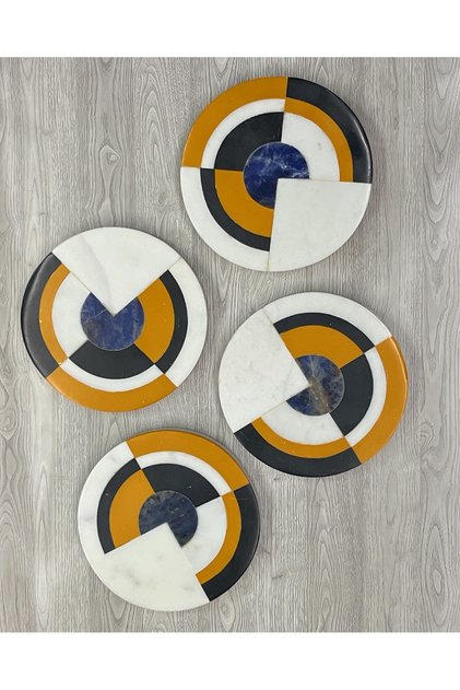 Marble Coasters Set of 4 – Geometric Round Stone Coaster | Amber Black Blue White Marble Inlay | Coasters for Coffee Table Drinks Cup | Heat Resistant Non-Slip Decor Gift 10cms