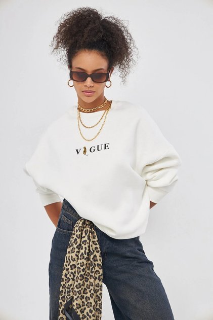 Unisex Oversize Sweatshirt Tiger Letter Baskılı Beyaz – Bisiklet Yaka, 3 İplik Şardonlu