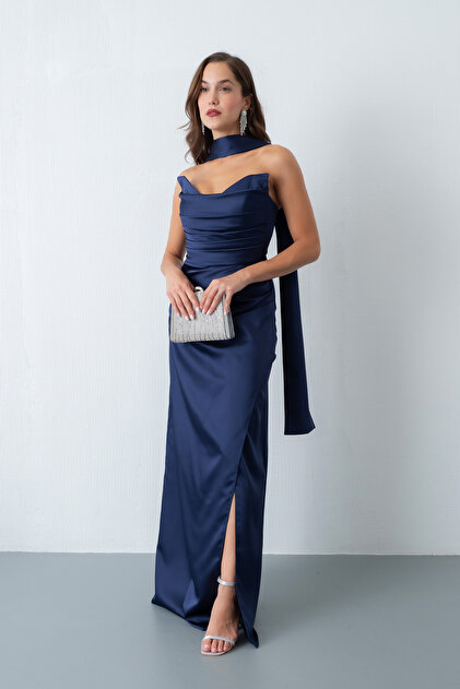 Lafaba Women's Navy Blue Shawl Collar Satin Long Evening Dress- Trendyol