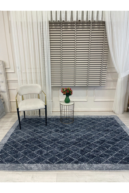 LACİVERT-GRİ Jüt Sisal Görünüm Bordürlü Kaymaz Taban Yolluk Halı