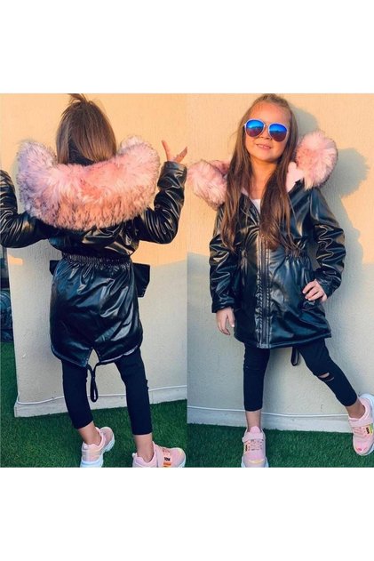 Genuine Imported Fur Hooded - Plush Inside - Winter Girls' Outer Leather Black Coat