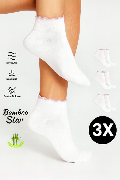 Bamboo Women's Pink Ruffled Booties Elasticless Seamless White Socks 3 Pack