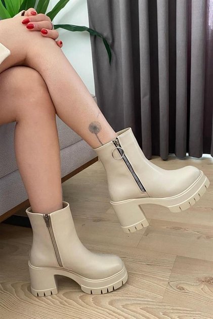 Women's Alara Cream Skin Zippered 8 cm Platform Heeled Boots