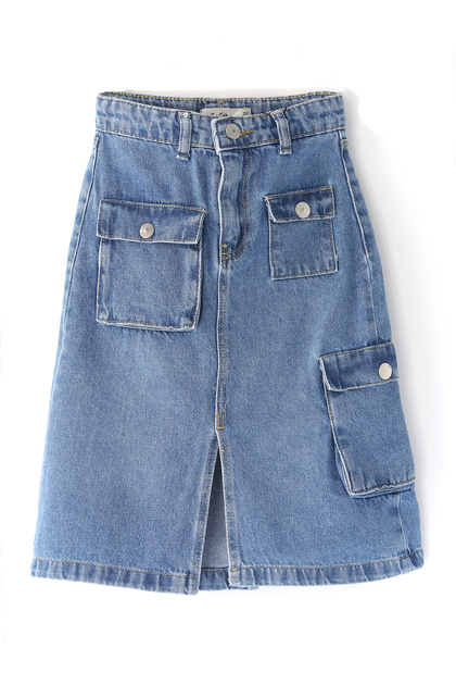 Girls' Denim Skirt with Pockets and Slits Blue Color Cargo Pocket Girls' Denim Skirt 001-0002072