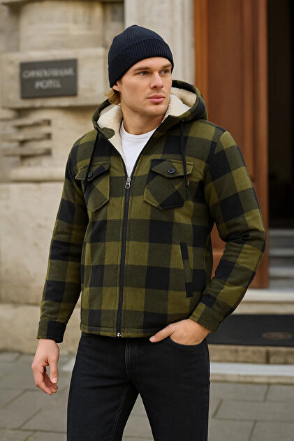 Men's Oversize Plush Fur Hooded Lumberjack Jacket