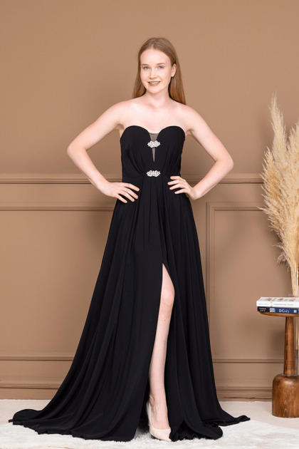 Chiffon Fabric Strapless Evening Dress - Black