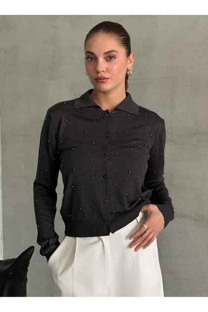 Antrasit Polo Yaka Mini Topçuklu Bluz-4560