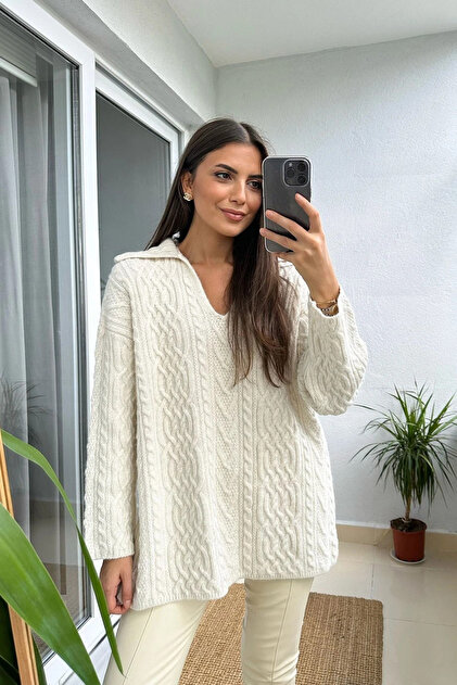 Cream Patch Polo Neck Sweater - 241265