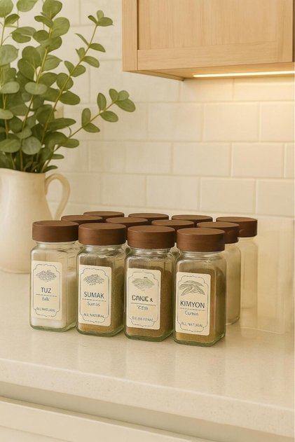 Acacia Lid Square Glass Spice Jar Set Jar Set of 12 140 Cc 12 Pieces with Labels