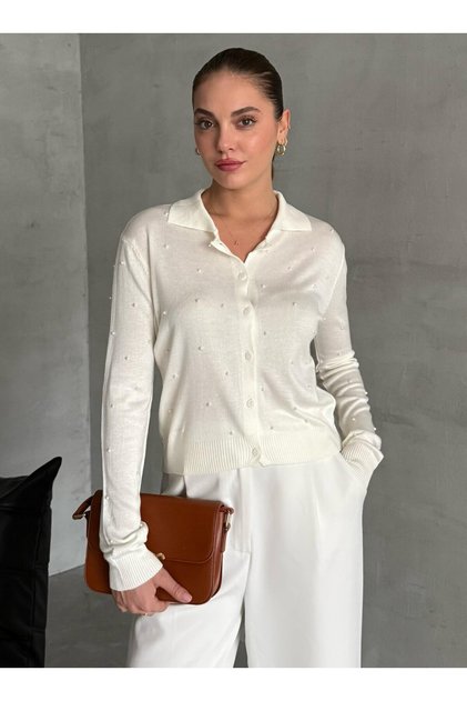 Ecru Polo Neck Mini Heeled Blouse-4560
