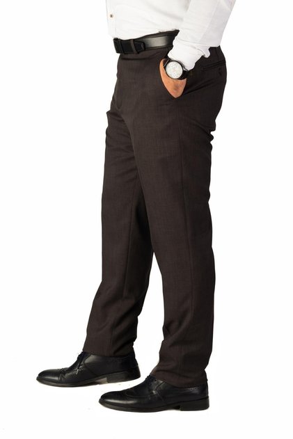 Men's Self Patterned Brown Polyviscon Regular Fit Fabric Trousers