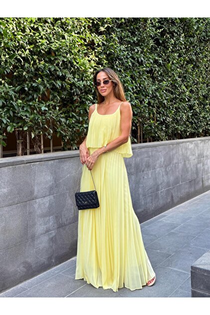 MALDA SHOP Women's Pleated Chiffon Yellow Dress- Trendyol
