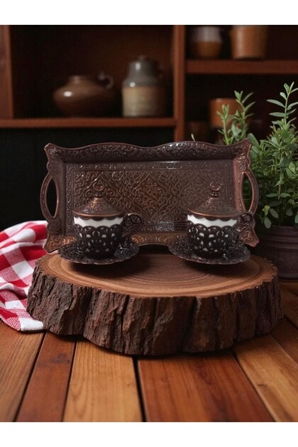 High Quality 2 Person Cup Team Copper Ottoman Patterned Motif Turkish Coffee