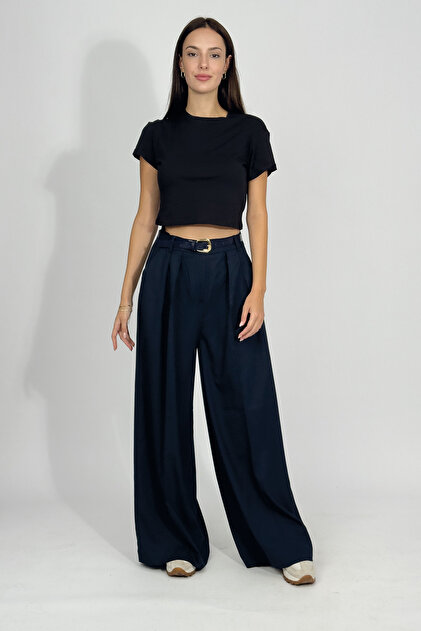 Women's Pleated Pocket Belted Palazzo Trousers Navy Blue
