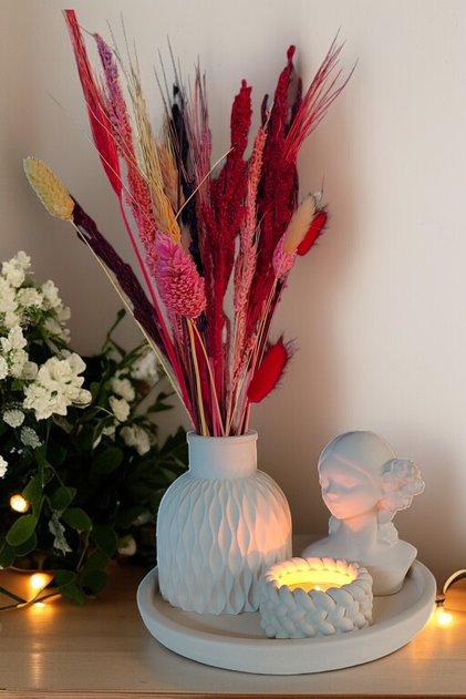 Dekoratif 4 Parça Vazo Seti - Vazo, Yuvarlak Tepsi, Tealight Mumluk, Dekoratif Kız