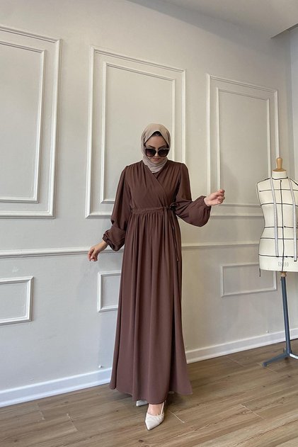 Hijab Dress Ferace Mustard Hürrem Inner and Outer Tie-Down Wrinkle-Resistant Crepe