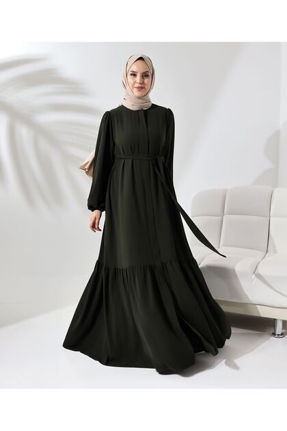 Hijab Dress Ferace Khaki Sevde Balloon Sleeve Elastic Cuffs Ruffled Crepe Skirt