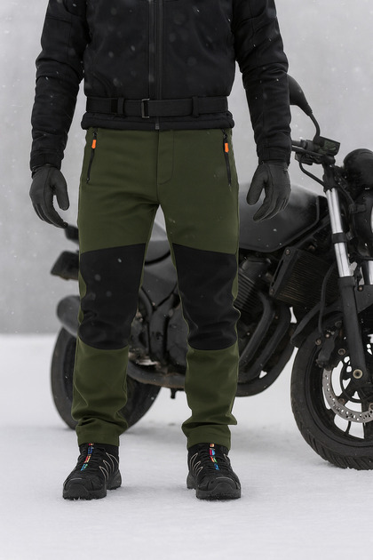 Kışlık Haki Siyah Softshell Motorcu Pantolonu – Su ve Rüzgar Geçirmez Polar İçli