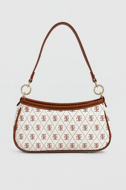 Women's Patterned Zipper Closure Shoulder Bag White Tan