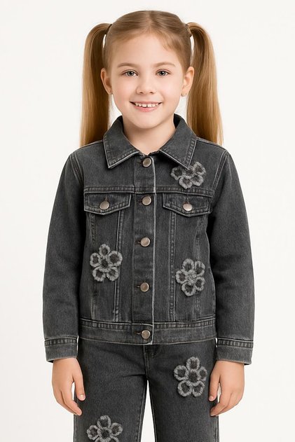 Flower Detailed Girls' Denim Jacket