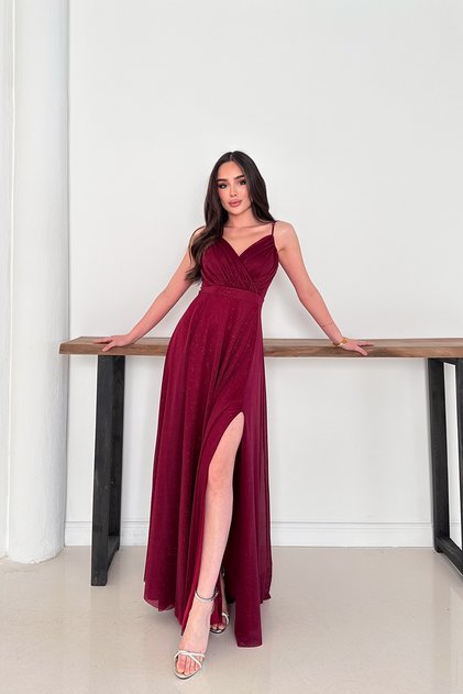 Women Adjustable Strap Slit Tulle Evening Dress Rys9276