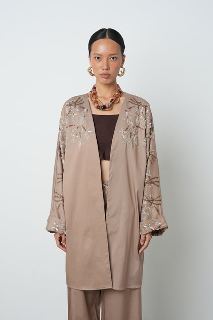 Kadın Yakası Ve Kolları Boncuk İşlemeli Oversize Uzun Kimono