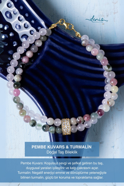 Certified Pink Quartz Tourmaline Silver Apparatus Natural Stone Bracelet