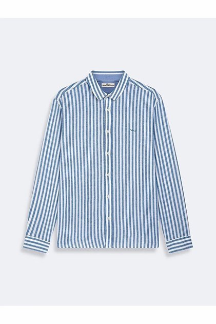 Striped Long Sleeve Linen Look Regular Blue Shirt