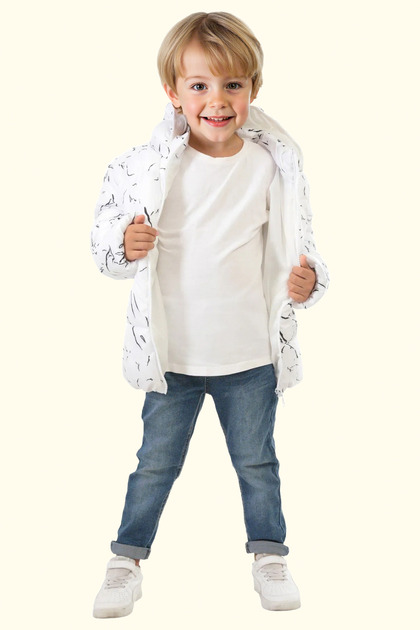 Boys White Removable Hooded Water & Windproof Winter Puffer Jacket & Coat & Parka with Pockets