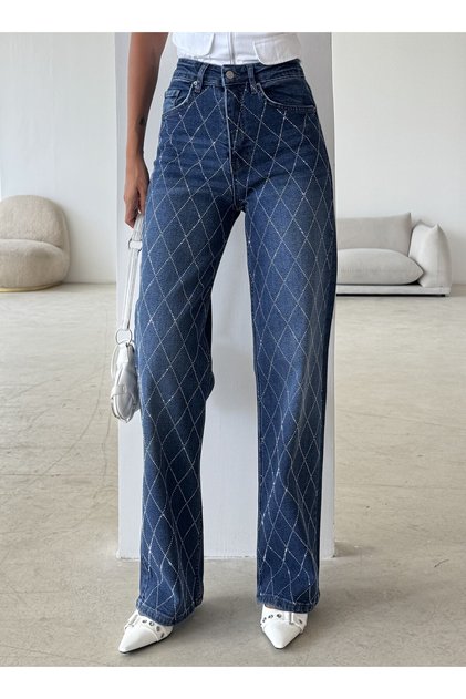Kadın Yüksek Bel Vintage Parlak Taş Desenli Özel Tasarım Likralı Palazzo Denim Jean