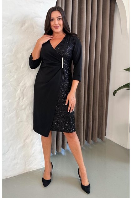 Rochie de seară midi elastică One Direction, mărime mare, cu guler dublu, mânecă trei sferturi, model broșă și paiete 24713