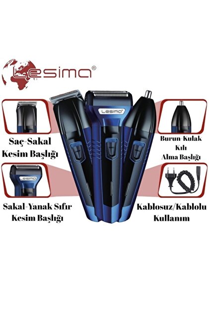 Lesima 3 Başlıklı Saç Sakal Yanak Burun Ense Tıraş Makinesi Traş