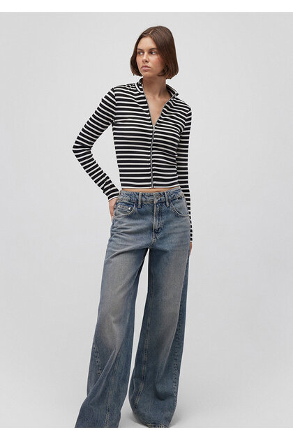 Mavi Uzun Kollu Siyah Çizgili Tişört Fitted / Vücuda Oturan Kesim