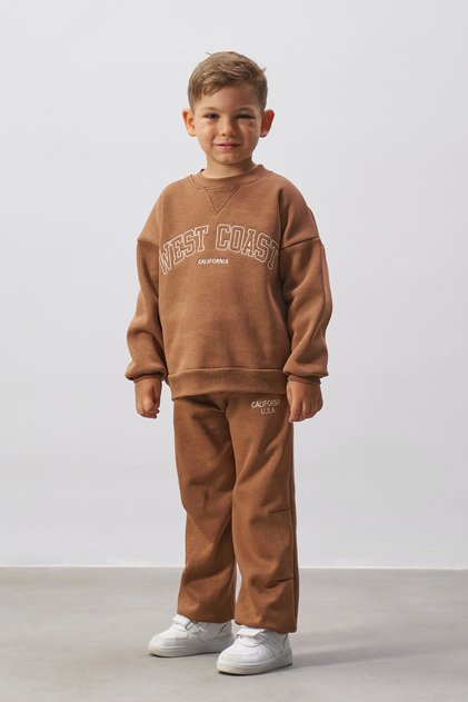 Embroidered Boys' Top and Bottom Tracksuit Set Pale Brown