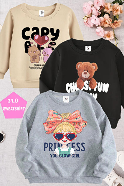 Capybara Ve Prıncess Kız Baskılı Gri-Siyah-Bej Üçlü Bisiklet Yaka Kız Çocuk Sweatshirt