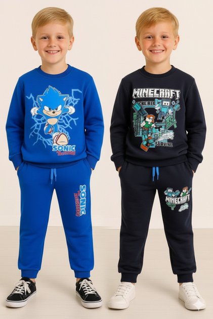Erkek Çocuk Mevsimlik Sonic Desenli Bisiklet Yaka Yumuşak Dokulu Regular Kalıp 2.Li Sweatshirt Takım