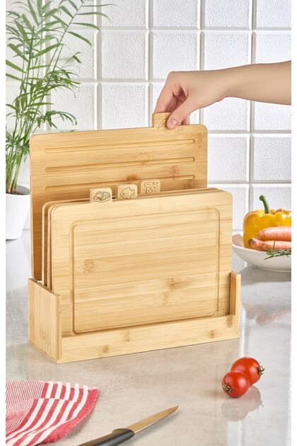 Bamboo 4-Piece Wooden Cutting Board Set with Stand