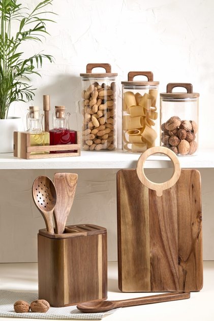 11 Piece Countertop Acacia Wood Set - Cutting Board, Oil Pot, Jar, Cutlery Set and Spoon Set