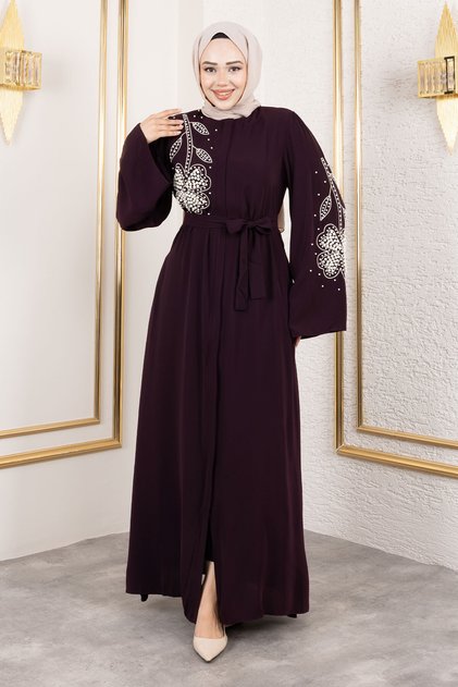 Daisy Patterned Beaded Embroidered Modest Ferace TSD240314