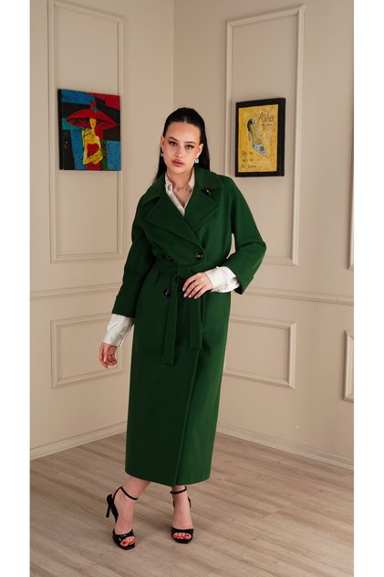 Uzun Slim Fit Kaşe Çimen Yeşili Kaban Kuşaklı Çift Yaka Detaylı